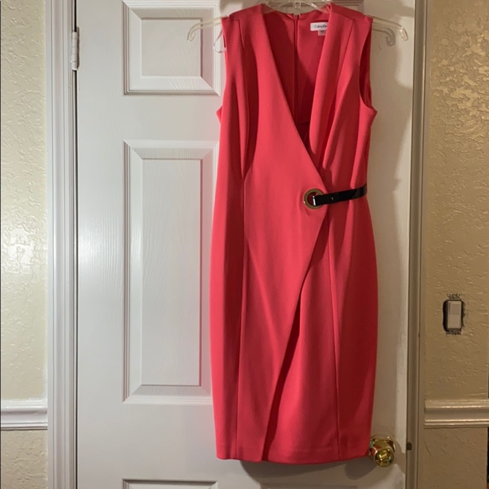 Calvin Klein Peach V-Neck Belted Dress